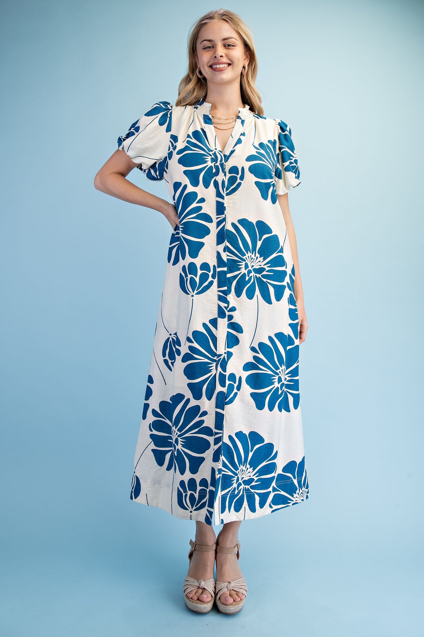 Floral Print V neck Button Down Midi Dress