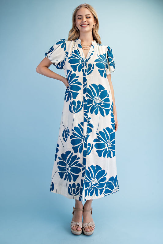 Floral Print V neck Button Down Midi Dress