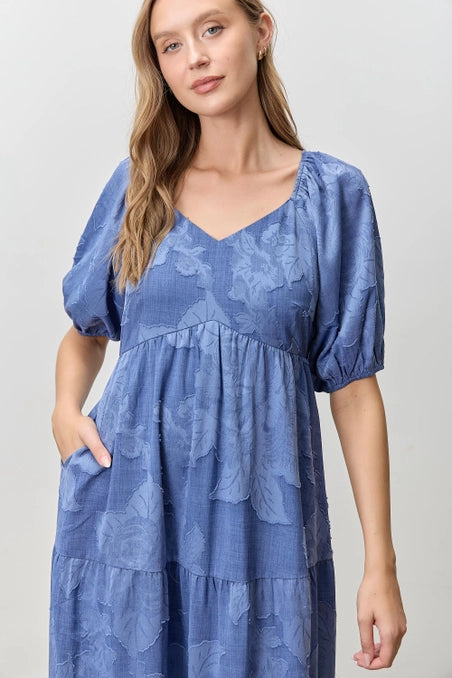 Jacquard Woven V Neck Midi Dress