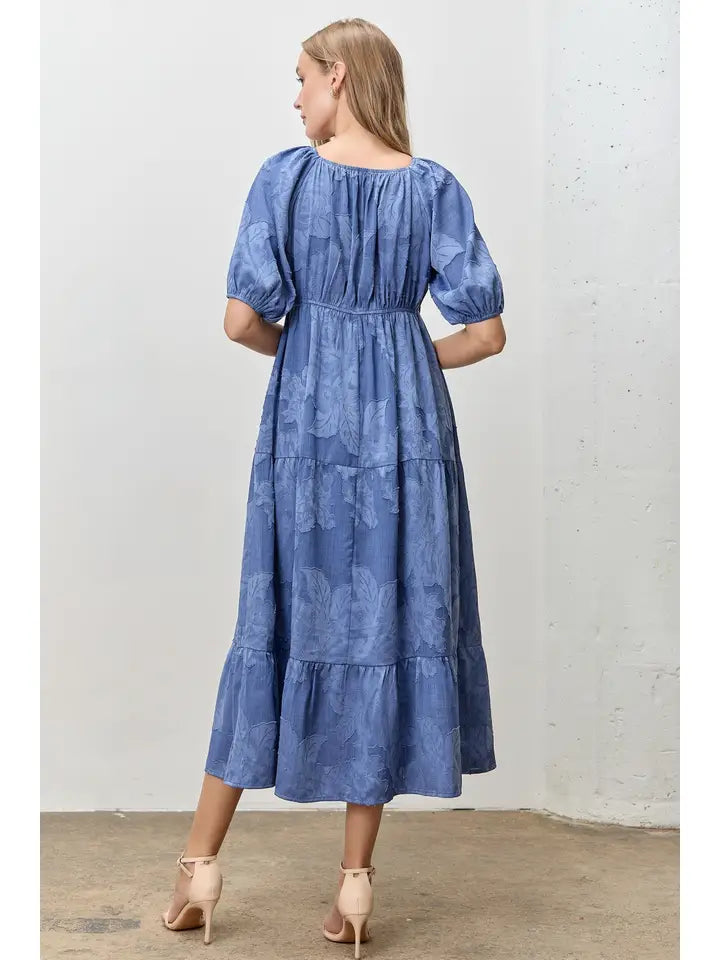 Jacquard Woven V Neck Midi Dress