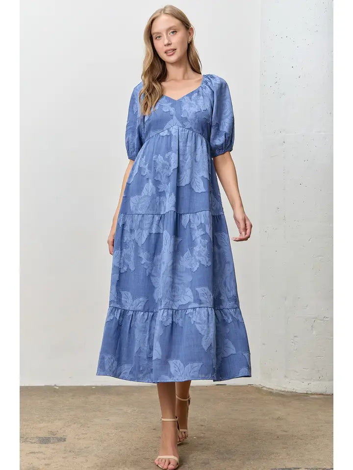 Jacquard Woven V Neck Midi Dress