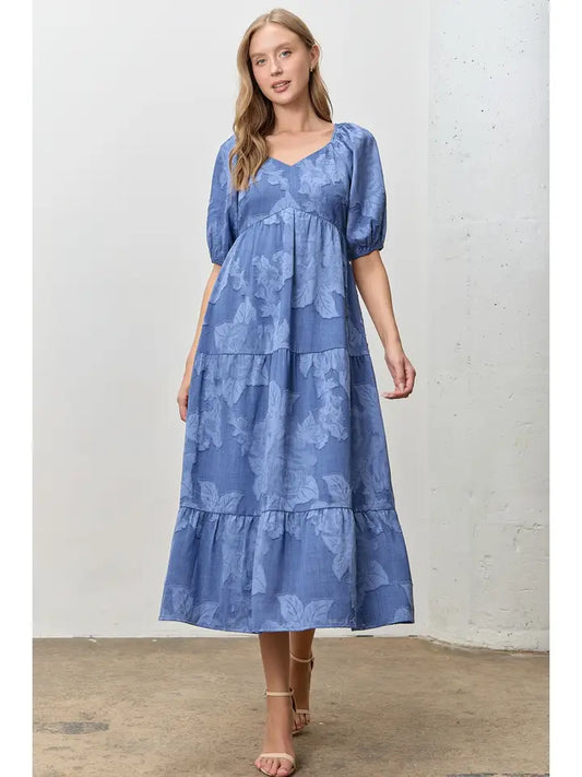 Jacquard Woven V Neck Midi Dress