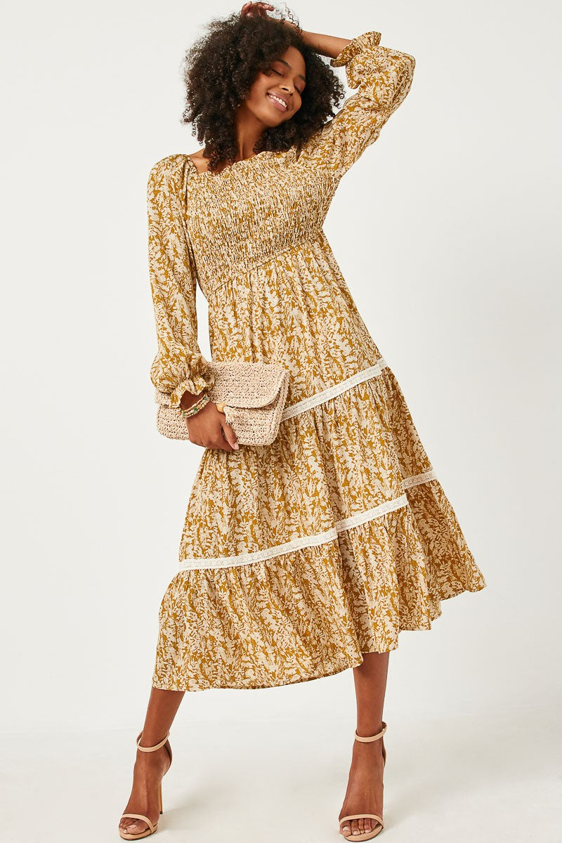 Mustard Floral Smocked Dress