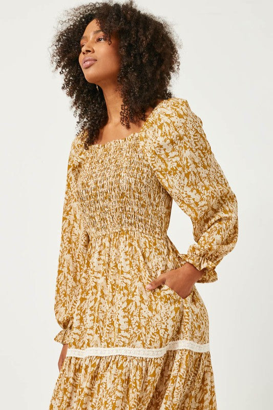 Mustard Floral Smocked Dress