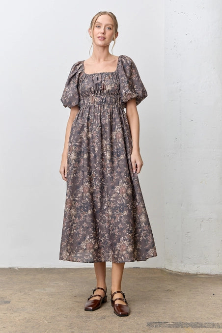 Romantic Floral Midi Dress Brown