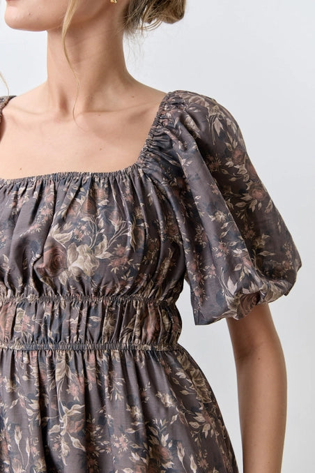 Romantic Floral Midi Dress Brown