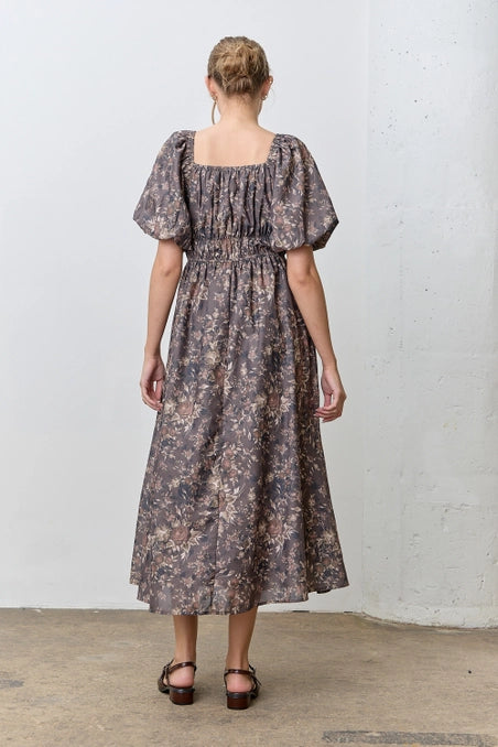 Romantic Floral Midi Dress Brown