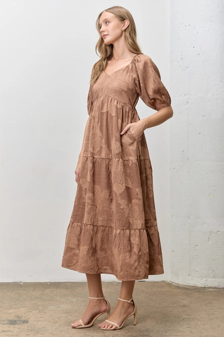 Jacquard Woven V Neck Midi Dress
