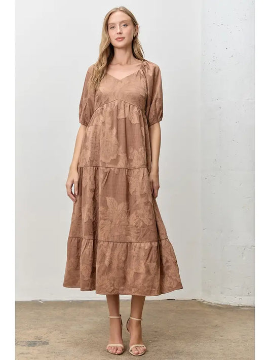Jacquard Woven V Neck Midi Dress