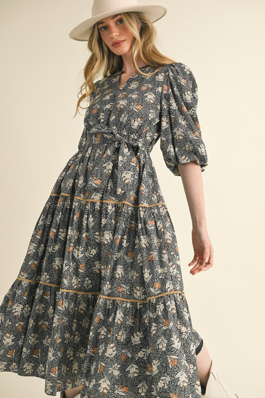 Black Floral Bubble Sleeve Lace Trim Midi Dress