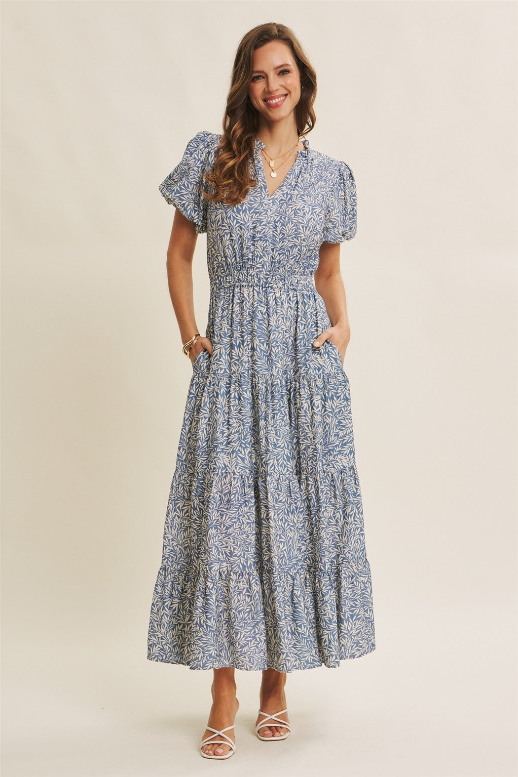 Garden Leaf Tiered Maxi Dress With Bubble Slvs