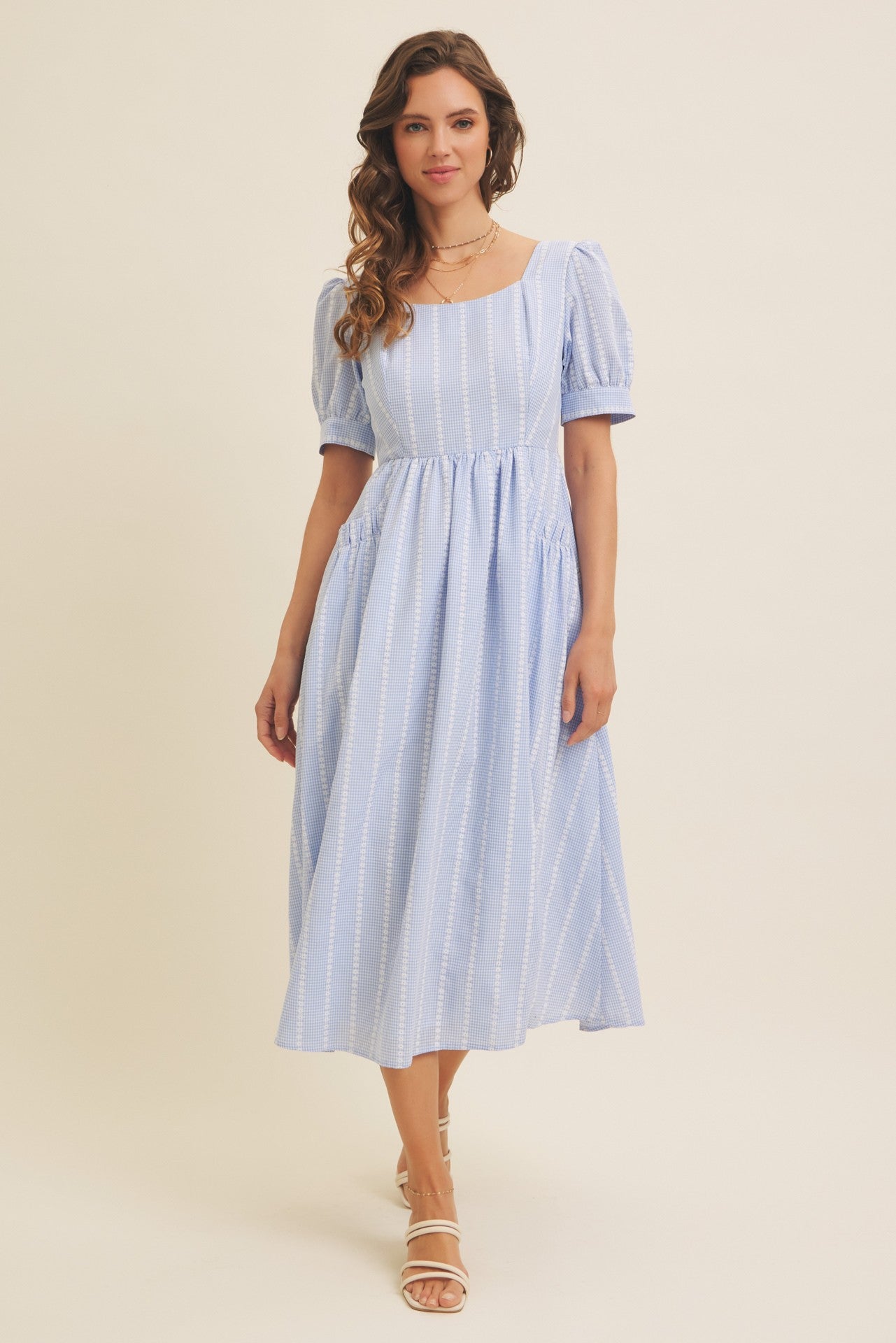 Embroidered Gingham Midi Dress With Puff Sleeves