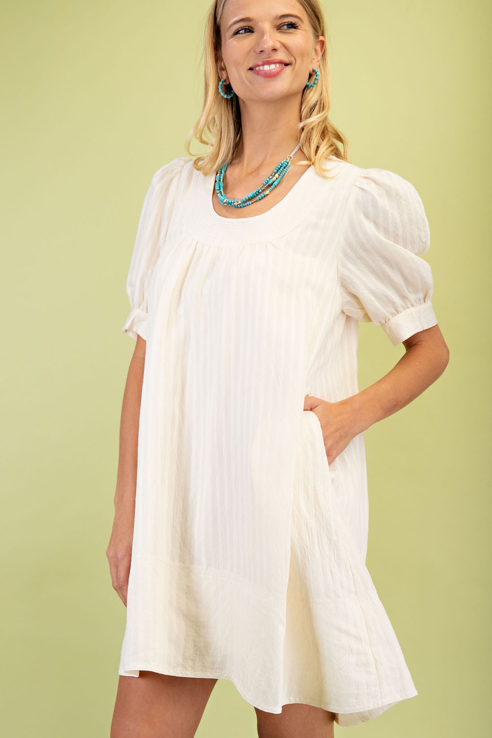 Lightly Textured Mini Dress with U neck