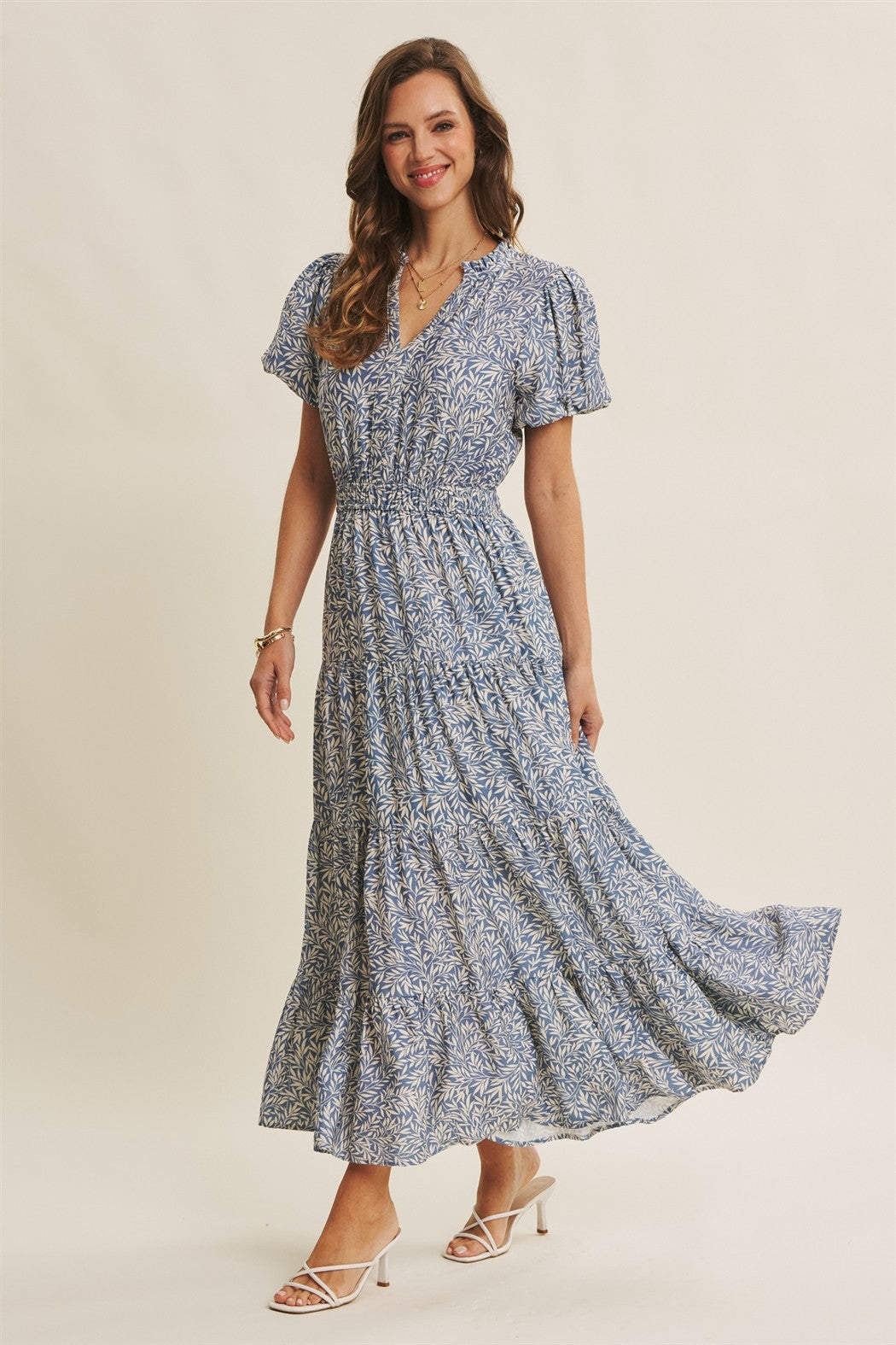 Garden Leaf Tiered Maxi Dress With Bubble Slvs