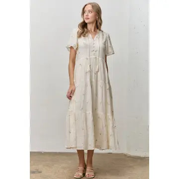 Floral Embroidered Midi Dress Cream
