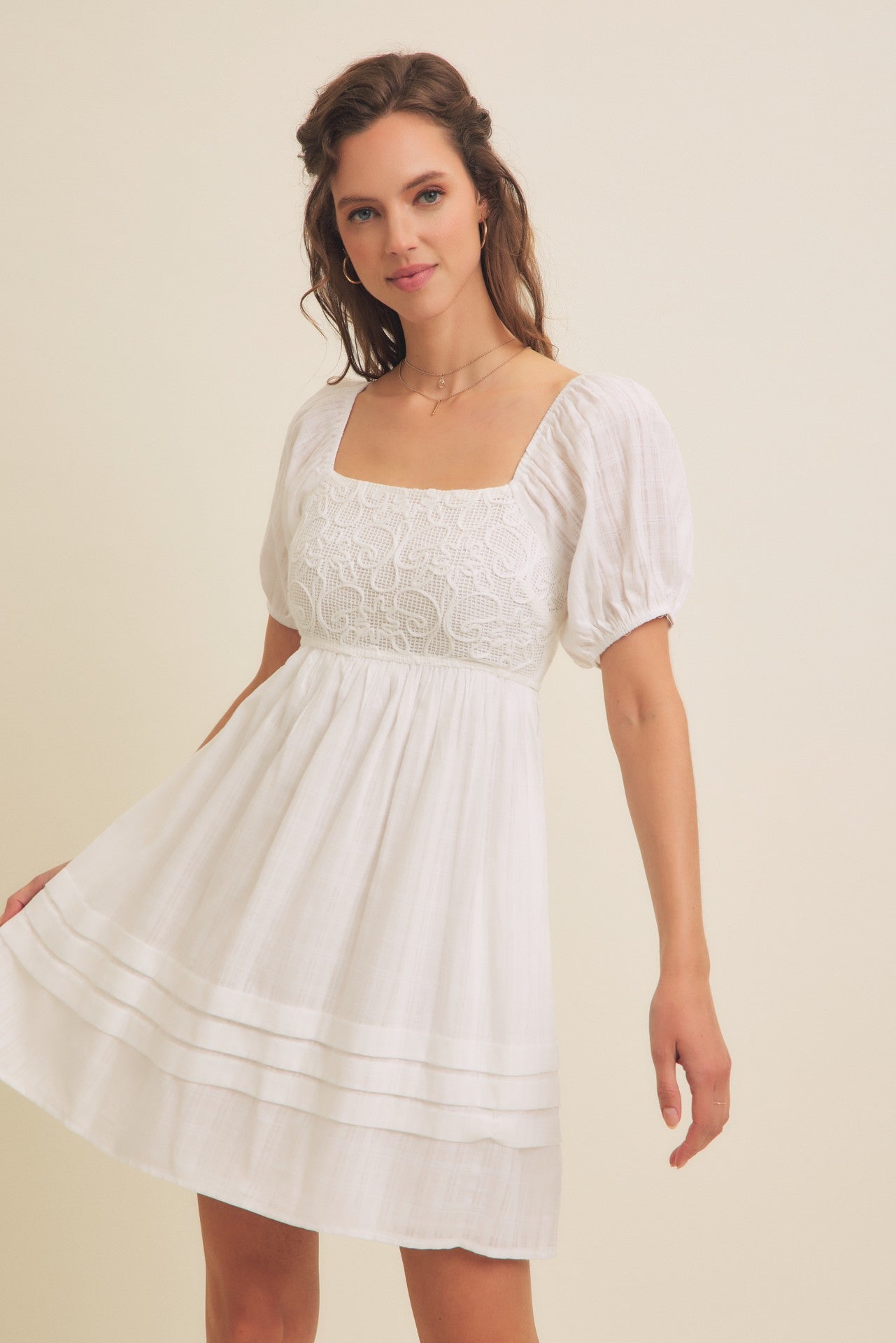 Airy Cotton Gauze Crochet Mini Dress with Smocked Back