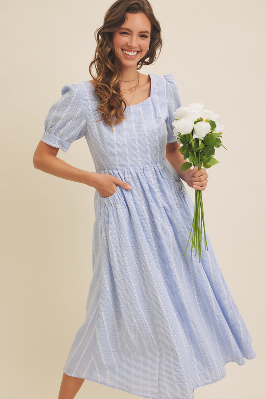 Embroidered Gingham Midi Dress With Puff Sleeves