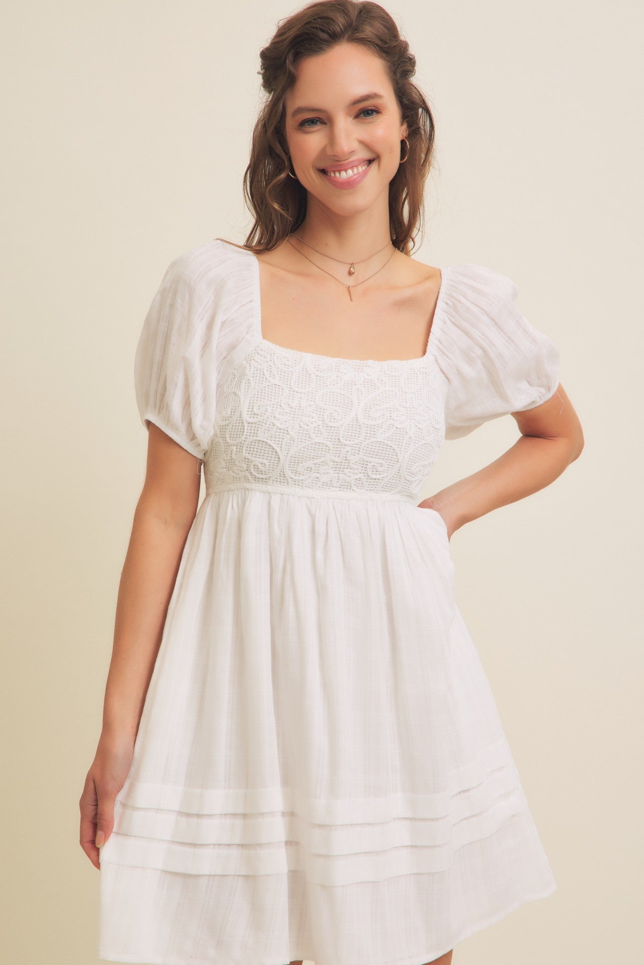 Airy Cotton Gauze Crochet Mini Dress with Smocked Back