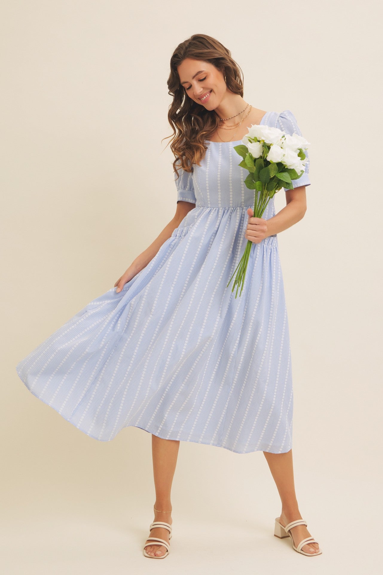Embroidered Gingham Midi Dress With Puff Sleeves