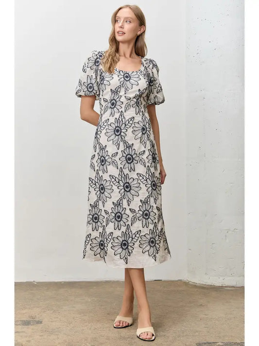 Flower Embroidered Bubble Sleeve Midi Dress