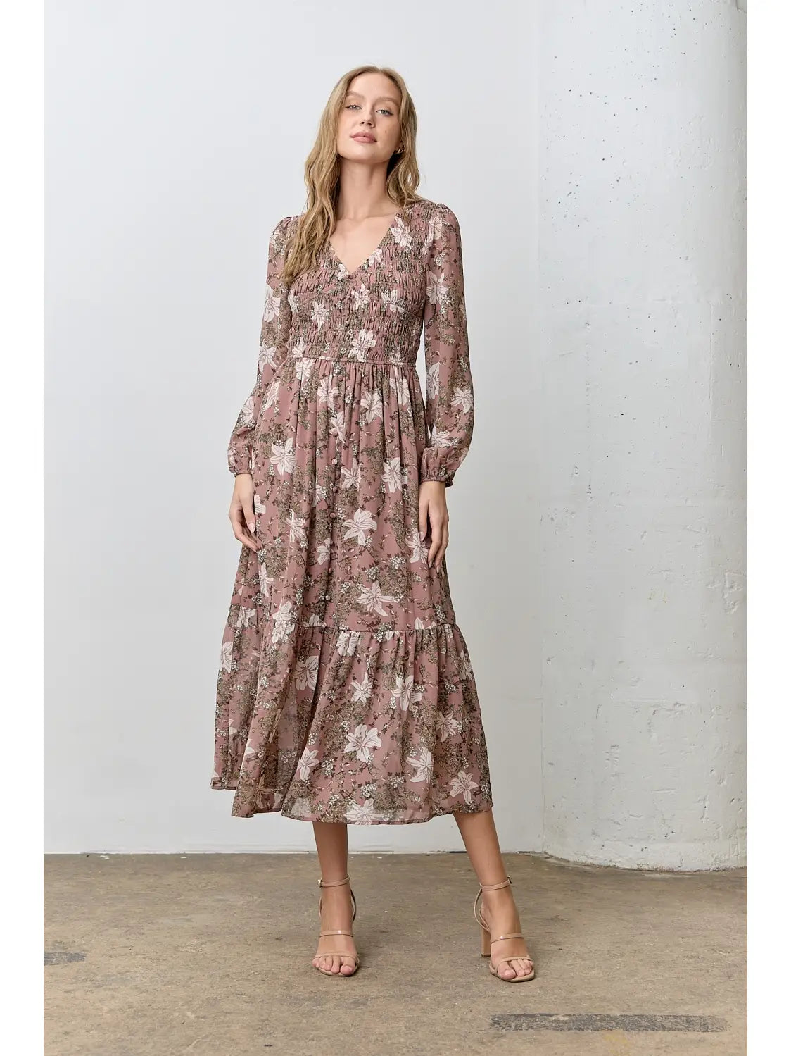 Mauve Floral Long Sleeve Dress