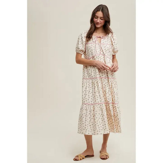 Floral Tiered Piping Detail Midi Dress