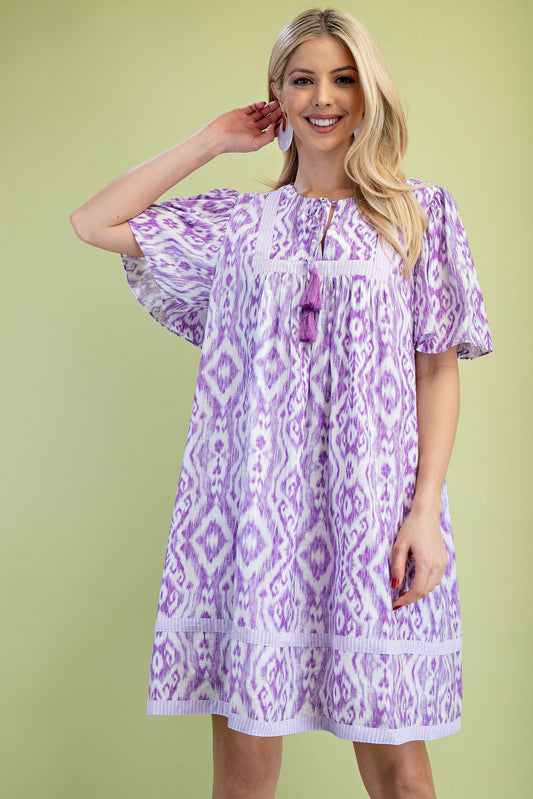 Patterned Dress with Tassel Tie