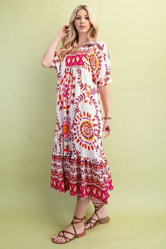 Mixed Print Midi Dress