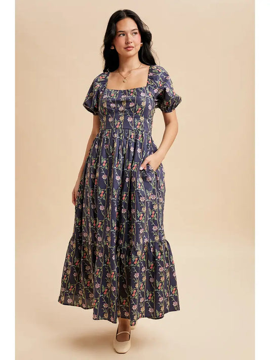 Cotton floral Maxi Dress Navy