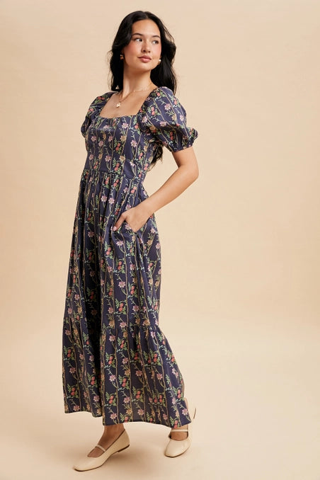 Cotton floral Maxi Dress Navy