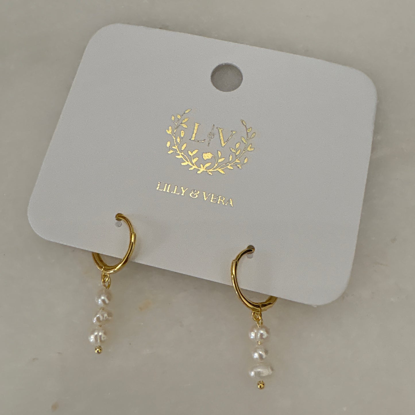 GoldFld huggie 3 drop pearls
