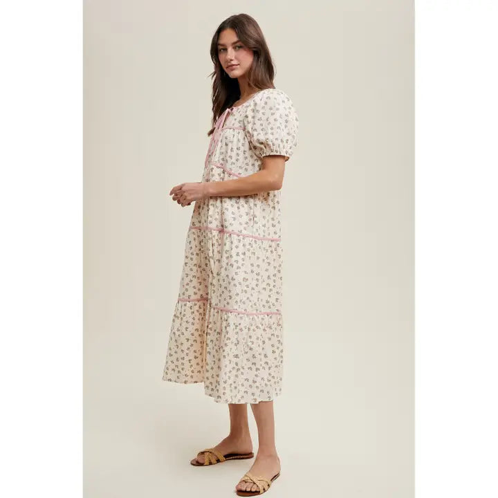 Floral Tiered Piping Detail Midi Dress