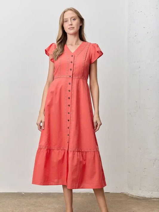 V Neck Button Up Midi Dress