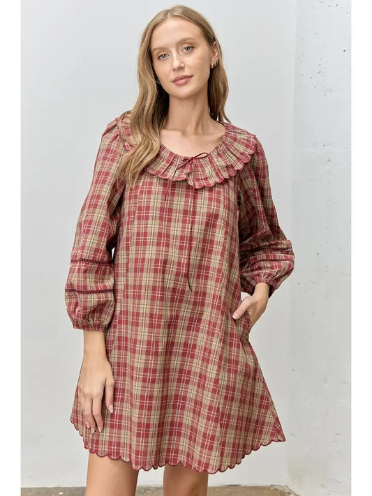 Plaid Ruffle Collar Mini Dress