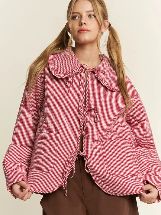 Gingham Collared Tie Front Quilted Jacket