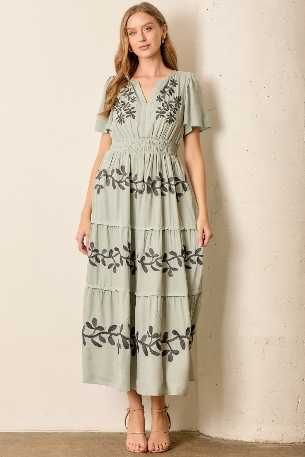Printed Short Sleeve Maxi Dress Sage